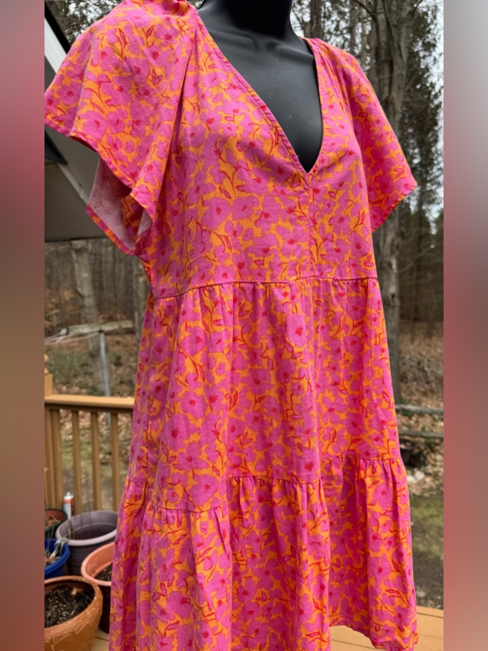 Universal Thread Pink & Orange Floral V-Neck Tiered Tunic